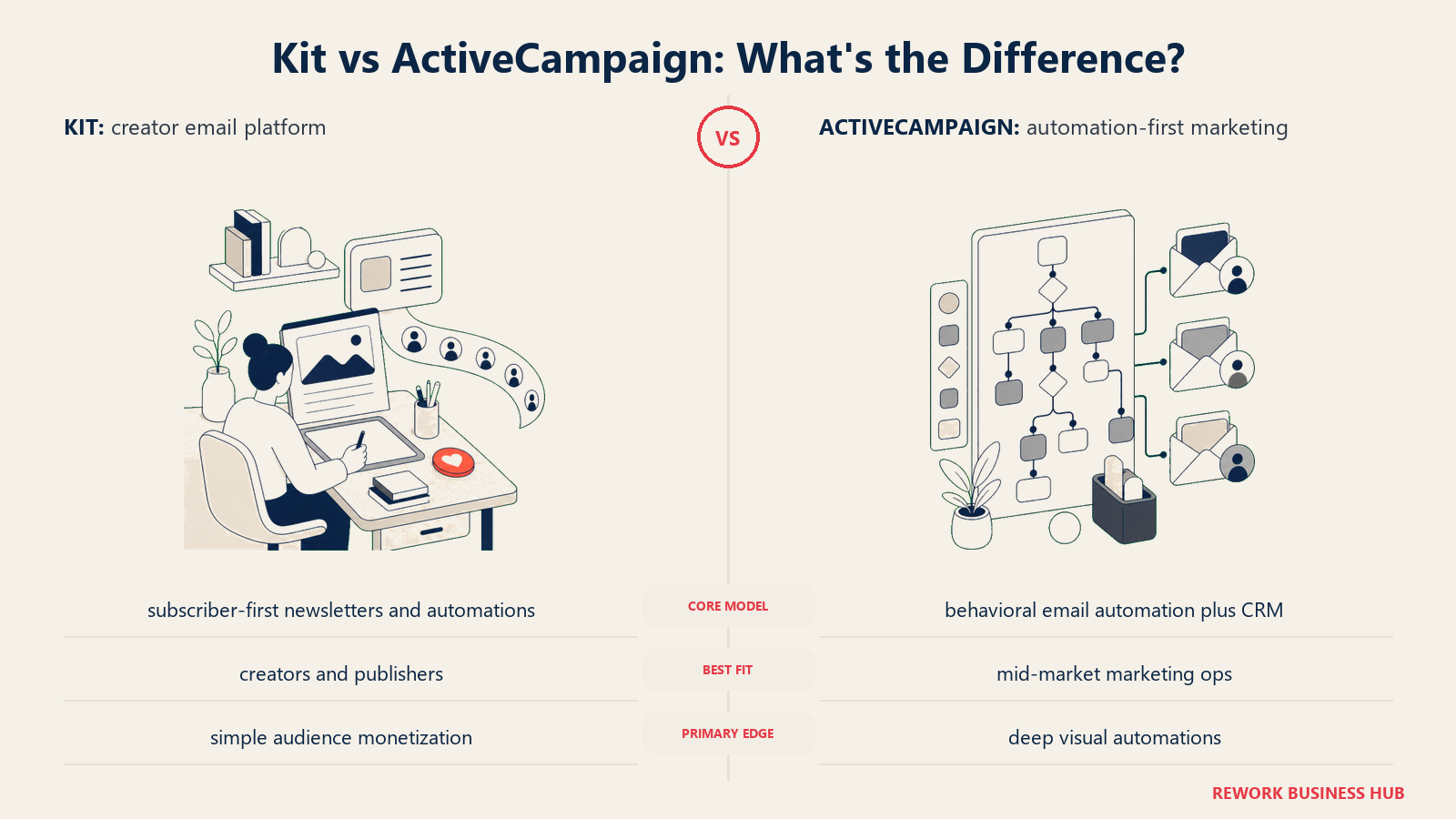 Kit versus ActiveCampaign shown with matched metaphors for their operating models