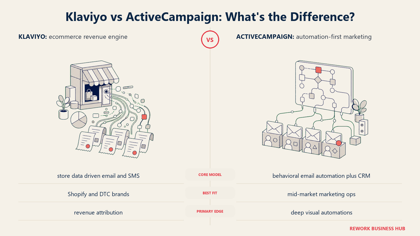 Klaviyo versus ActiveCampaign shown with matched metaphors for their operating models