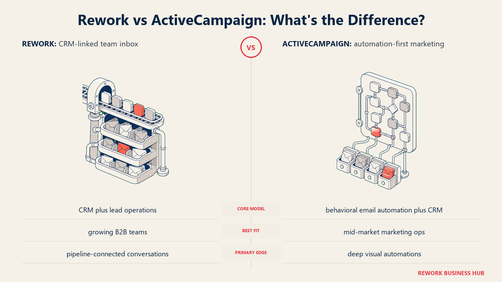 Rework versus ActiveCampaign shown with matched metaphors for their operating models