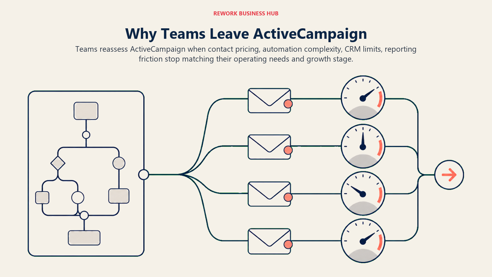 Why Teams Leave ActiveCampaign illustrated as a branching automation canvas feeding segmented envelopes reaching four distinct pressure gauges for contact pricing, automation complexity, CRM limits, reporting friction, with one clear exit path