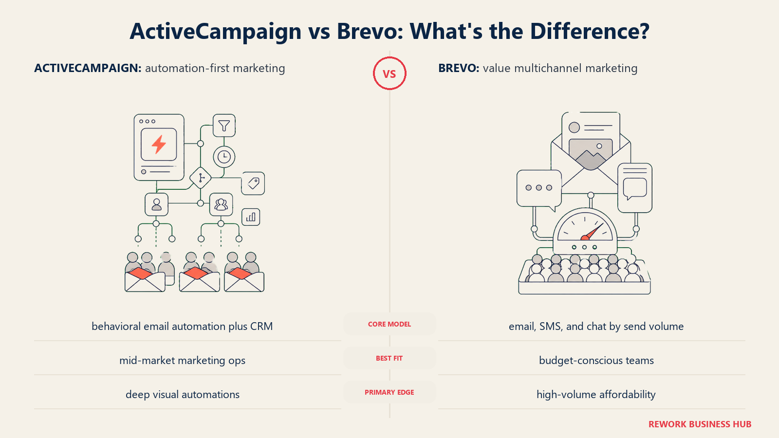 ActiveCampaign versus Brevo shown with matched metaphors for their operating models