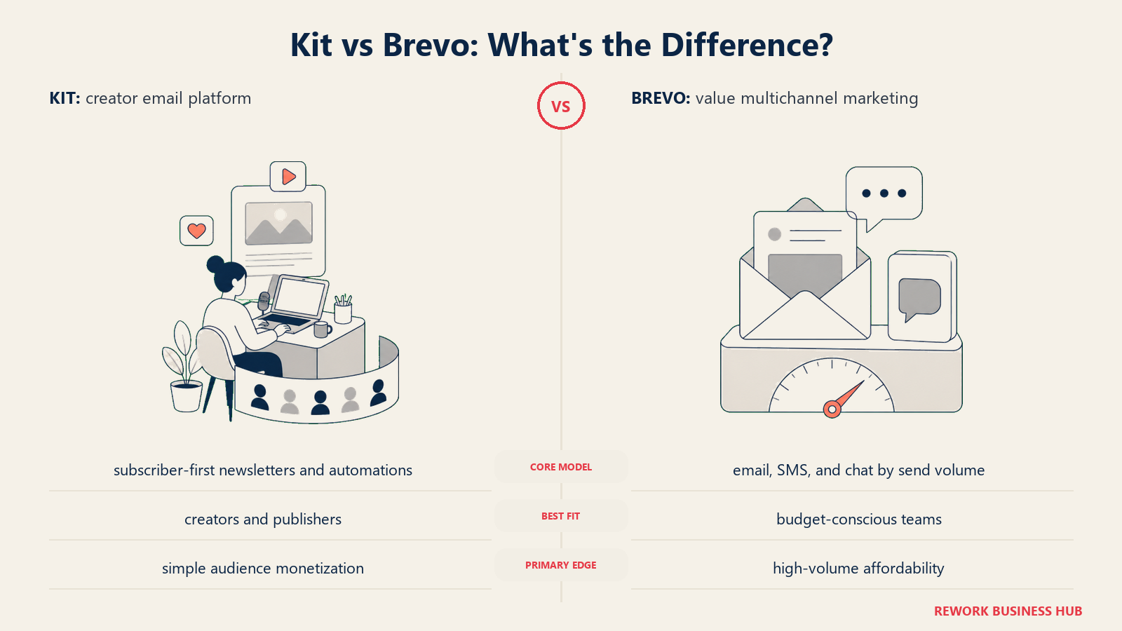 Kit versus Brevo shown with matched metaphors for their operating models