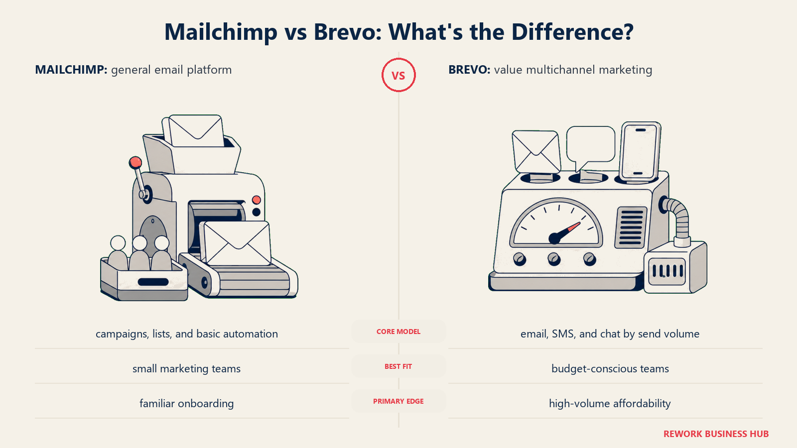 Mailchimp versus Brevo shown with matched metaphors for their operating models