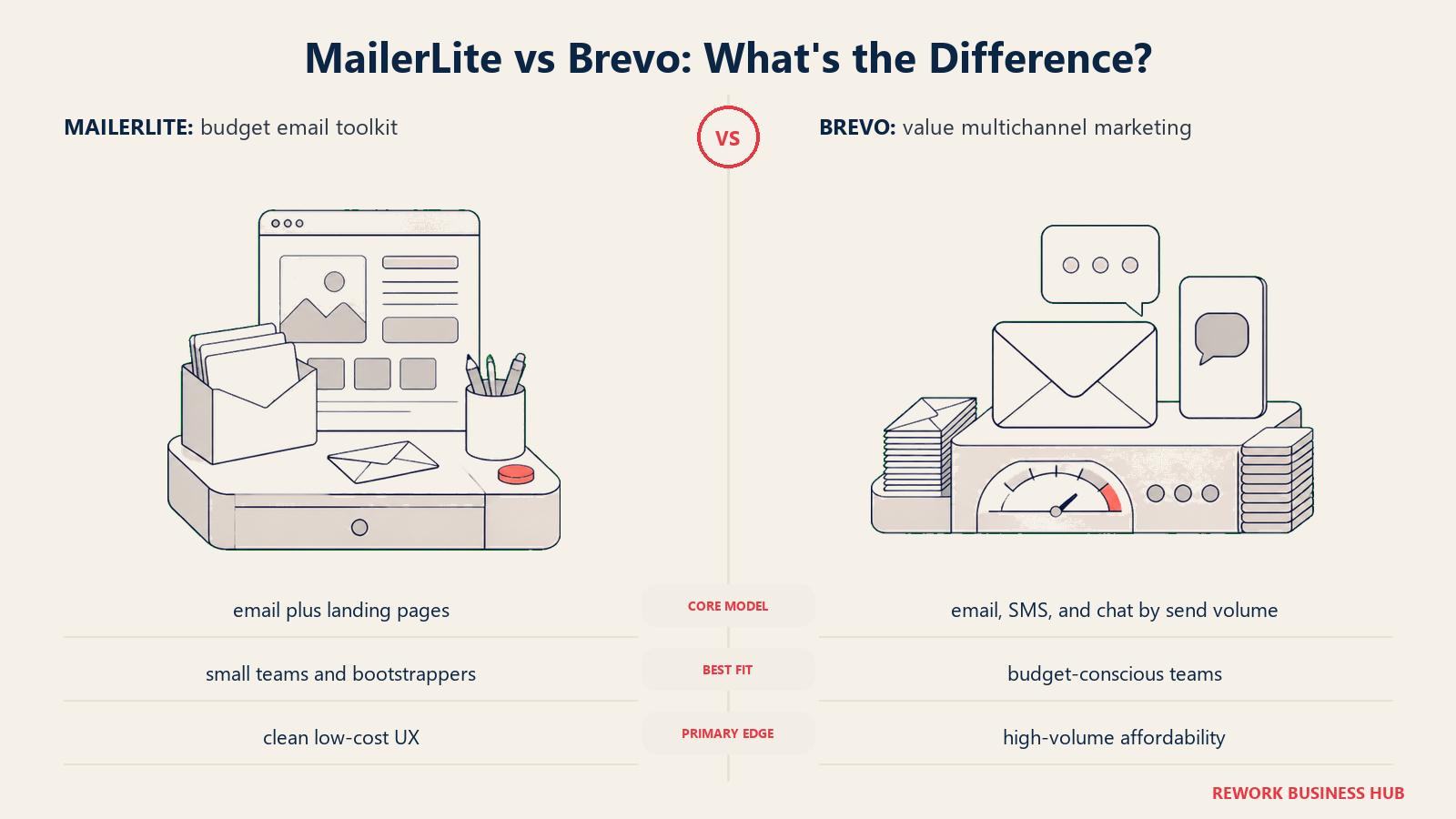 MailerLite versus Brevo shown with matched metaphors for their operating models