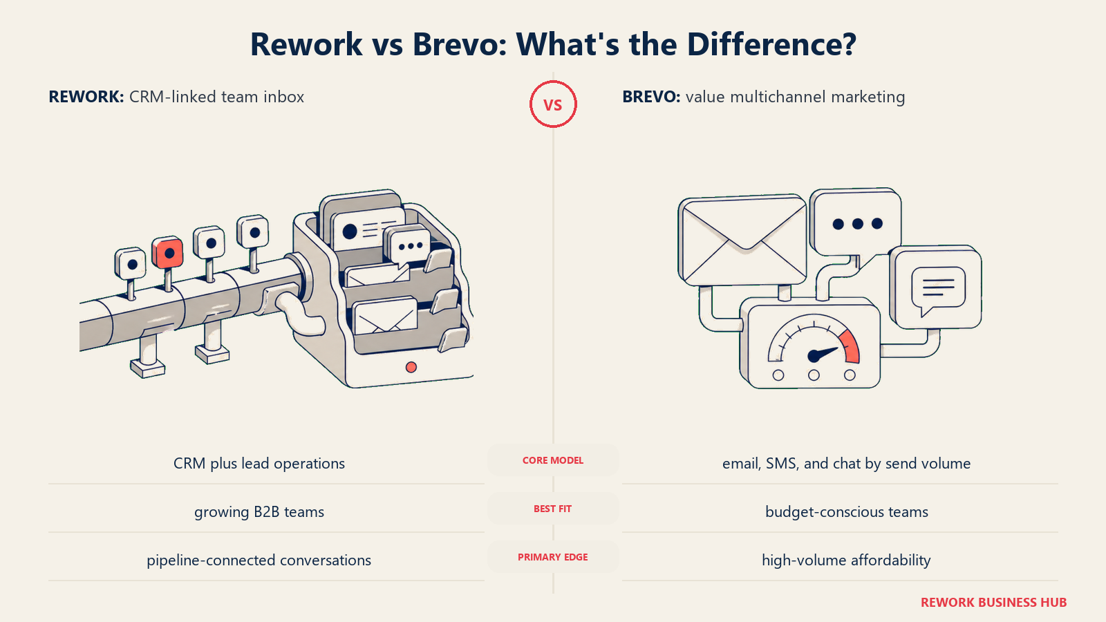 Rework versus Brevo shown with matched metaphors for their operating models