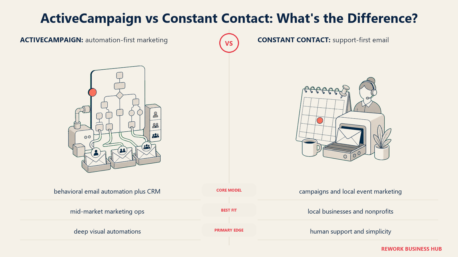 ActiveCampaign versus Constant Contact shown with matched metaphors for their operating models
