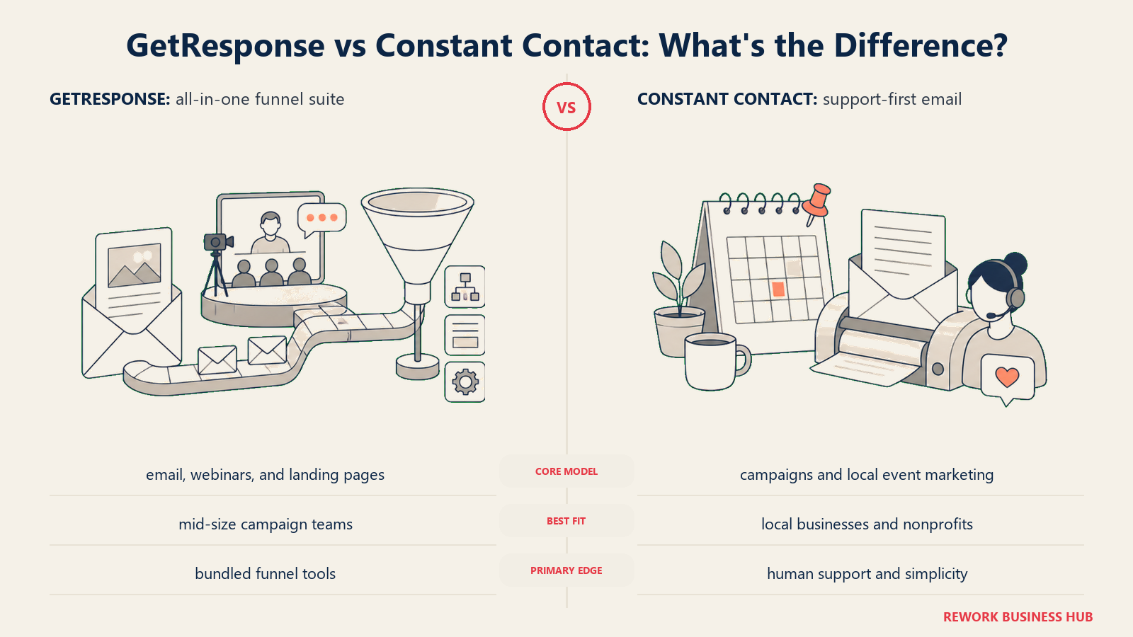 GetResponse versus Constant Contact shown with matched metaphors for their operating models