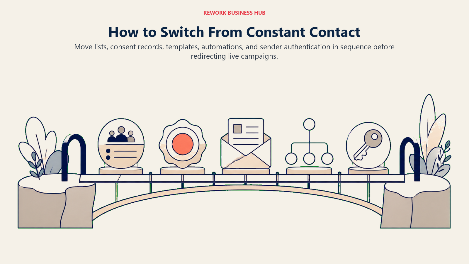 How to Switch From Constant Contact illustrated as a careful migration bridge carrying five distinct artifacts: audience ledger, consent seal, email template, automation branch, and sender-authentication key