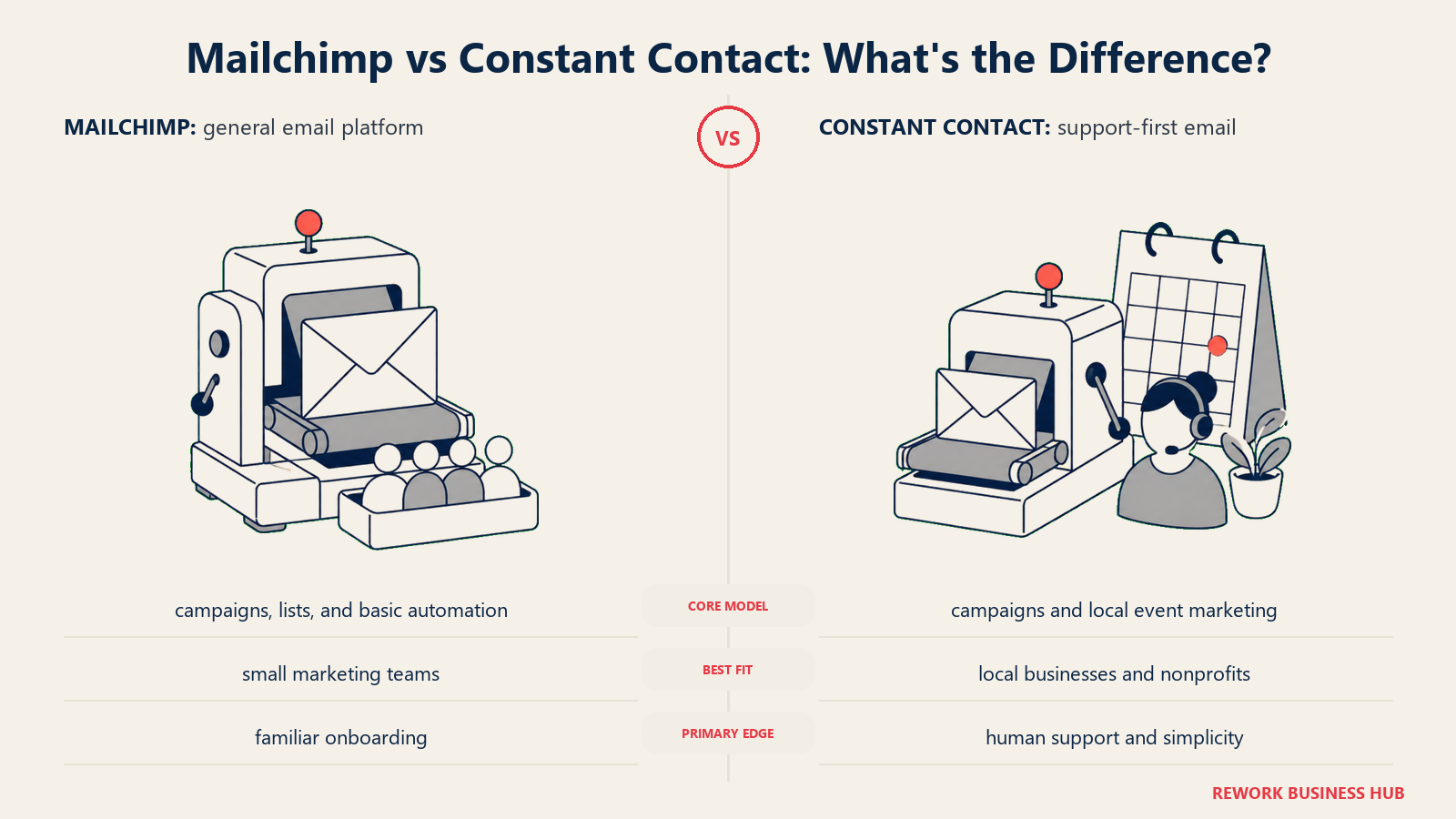 Mailchimp versus Constant Contact shown with matched metaphors for their operating models