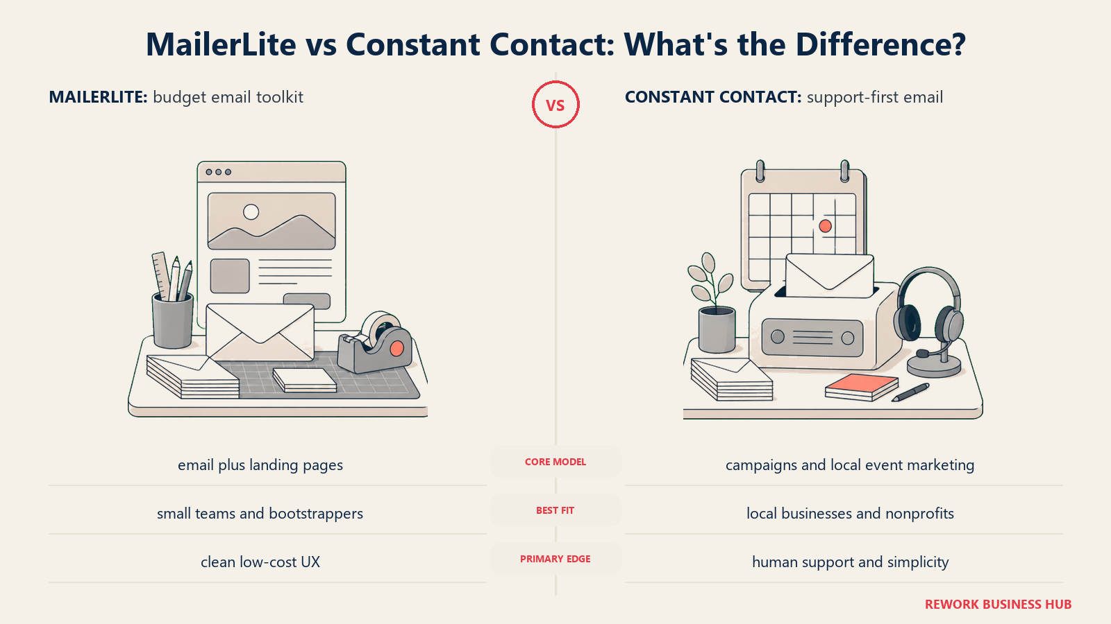 MailerLite versus Constant Contact shown with matched metaphors for their operating models