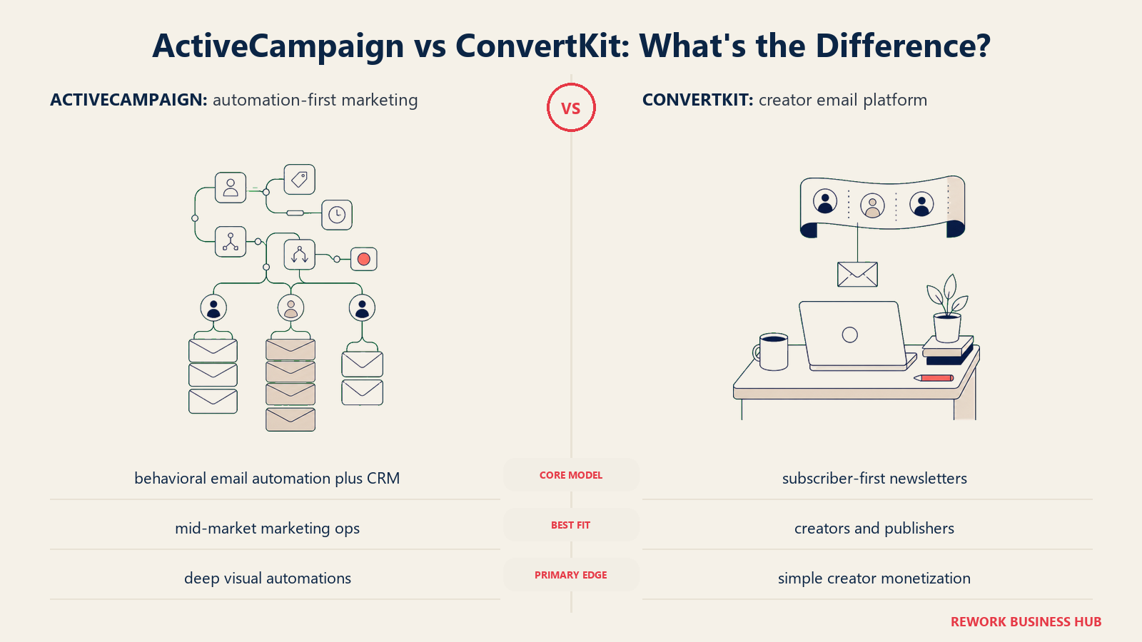 ActiveCampaign versus ConvertKit shown with matched metaphors for their operating models
