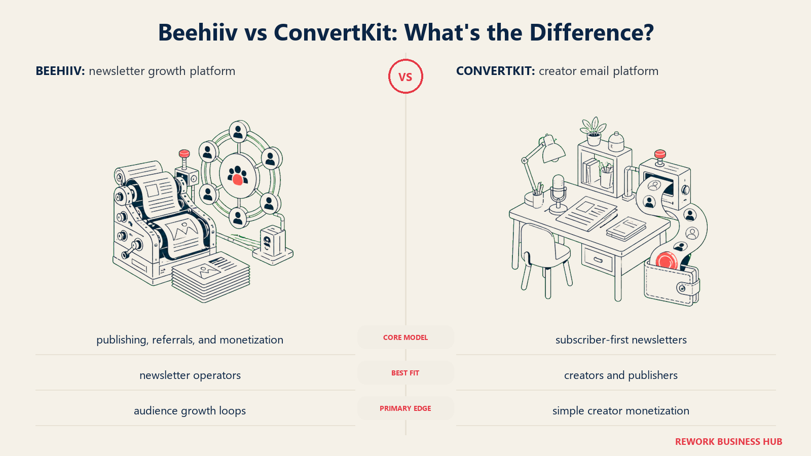 Beehiiv versus ConvertKit shown with matched metaphors for their operating models