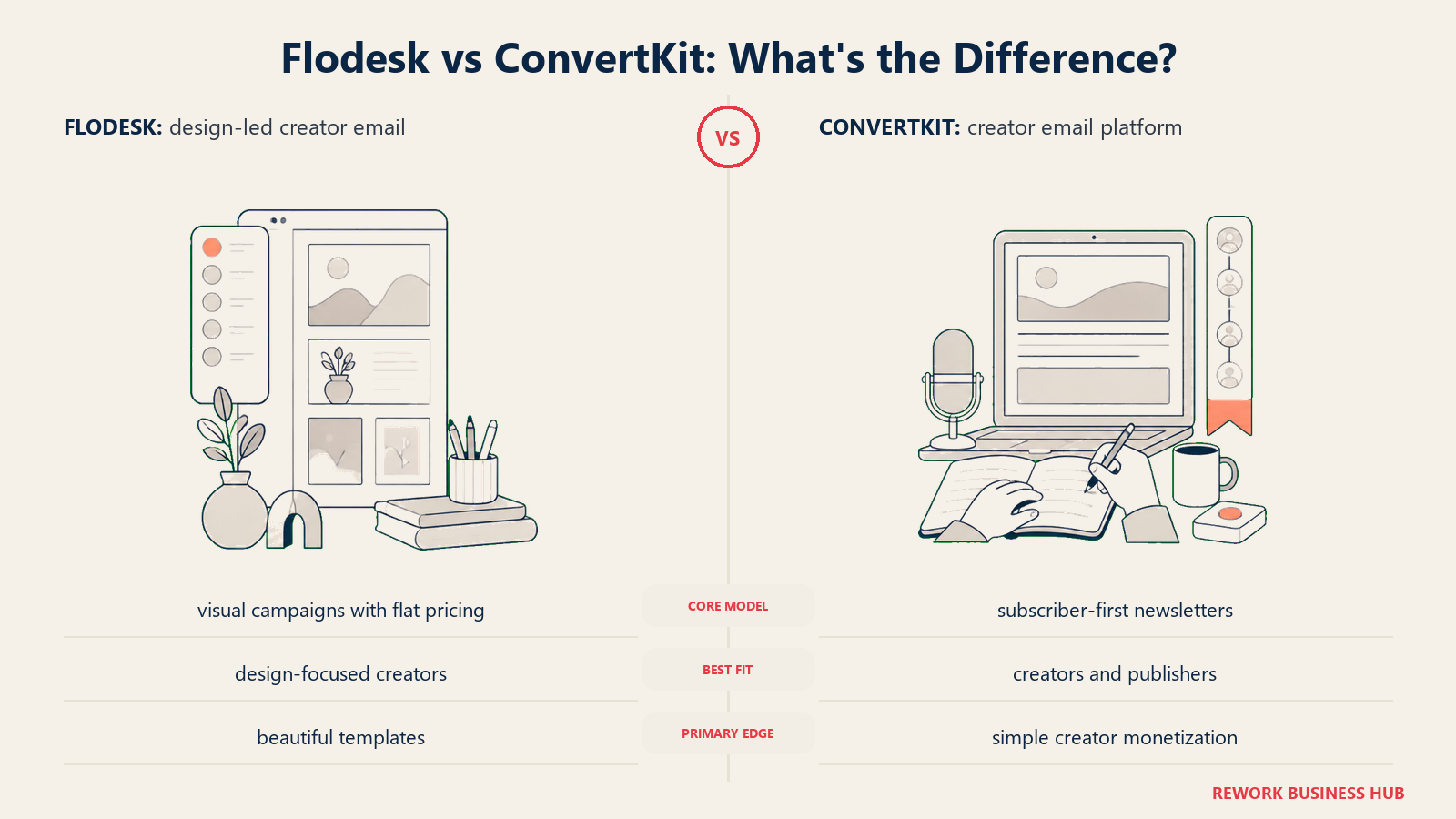 Flodesk versus ConvertKit shown with matched metaphors for their operating models