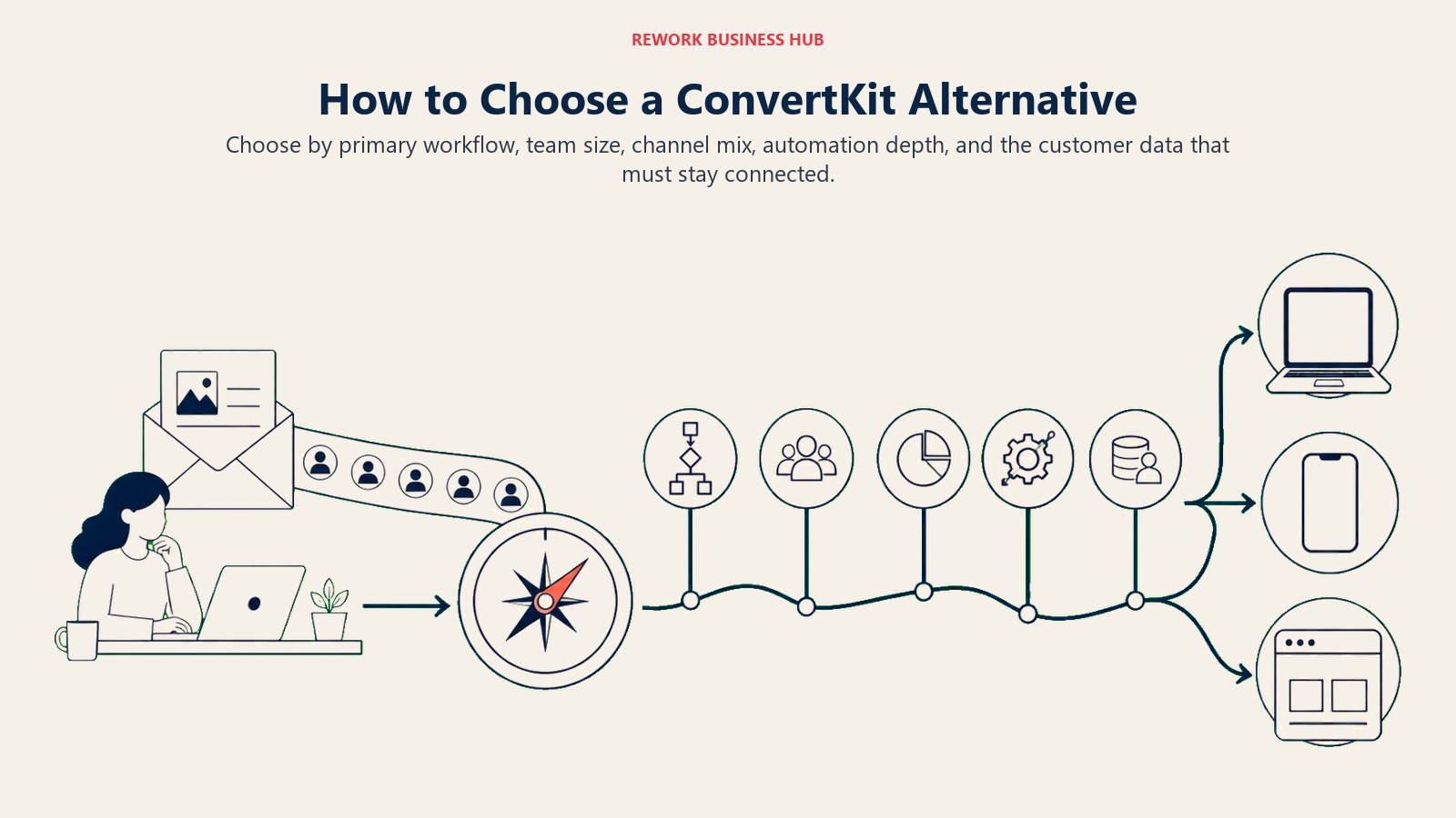 How to Choose a ConvertKit Alternative illustrated as a buyer compass beginning beside a creator newsletter desk linked to a subscriber ribbon, then five distinct route markers for workflow, team scale, channel mix, automation depth, and connected customer data, ending at three different platform destinations