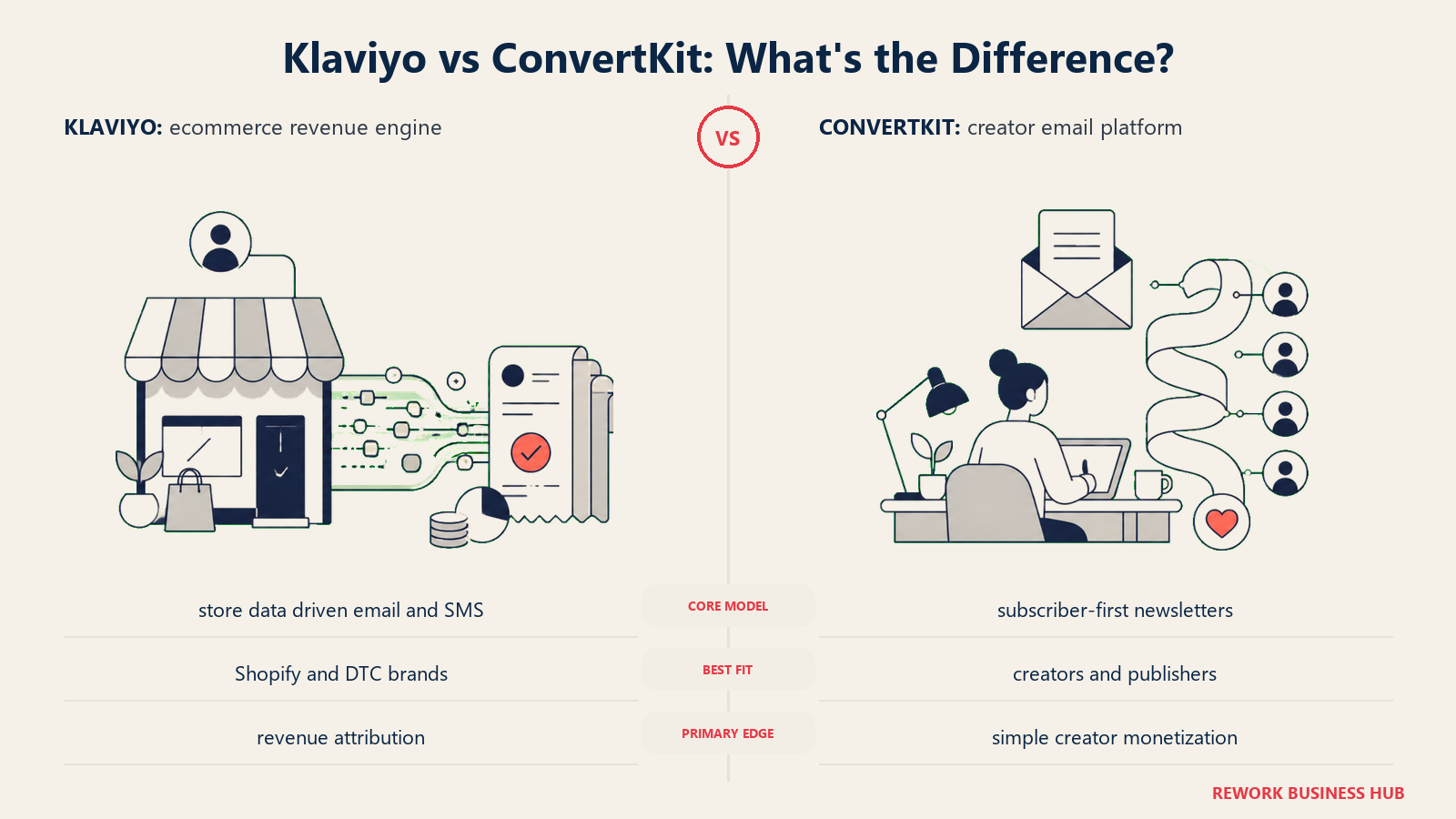 Klaviyo versus ConvertKit shown with matched metaphors for their operating models