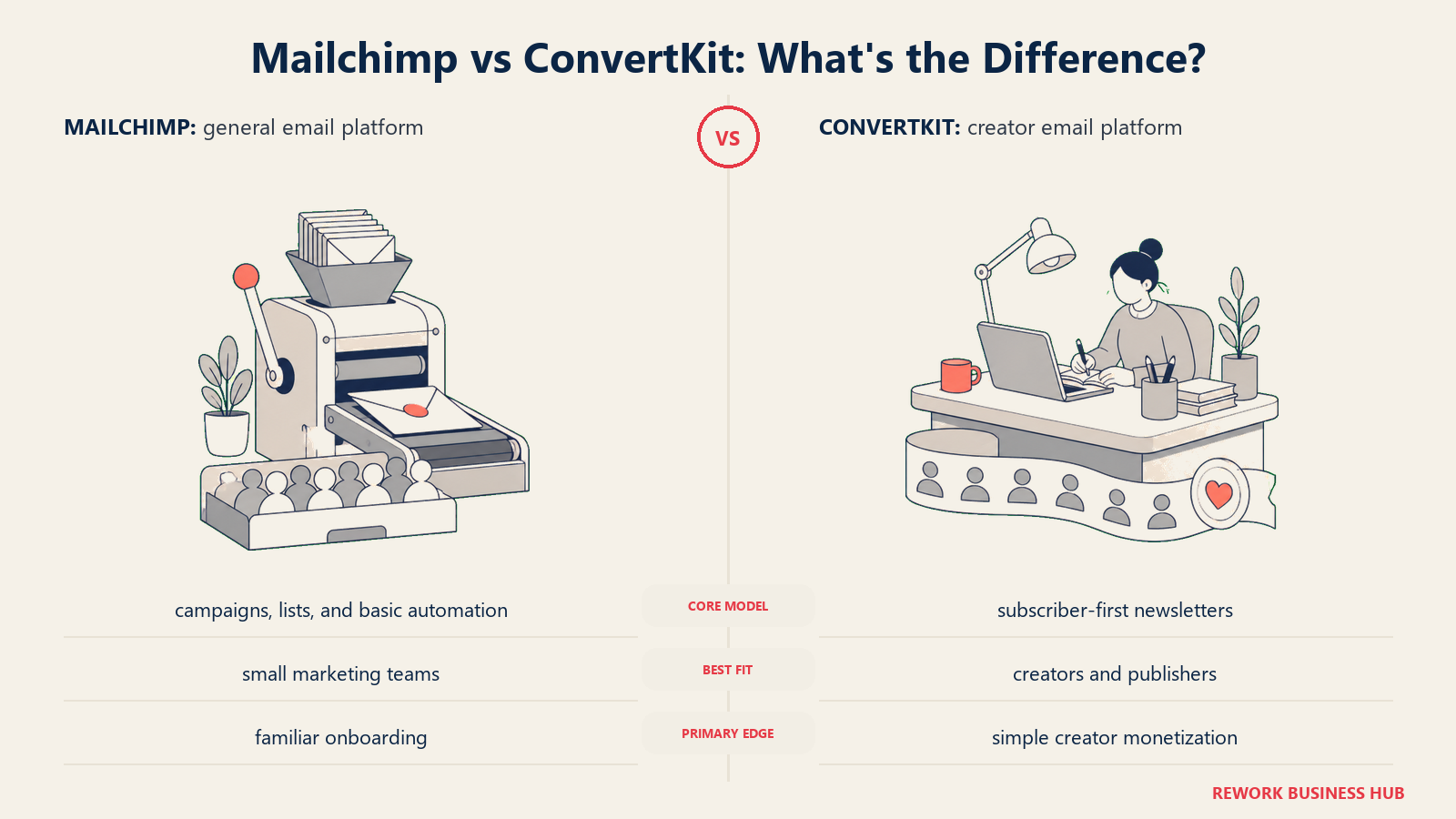 Mailchimp versus ConvertKit shown with matched metaphors for their operating models