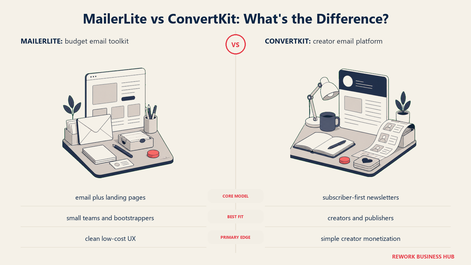 MailerLite versus ConvertKit shown with matched metaphors for their operating models