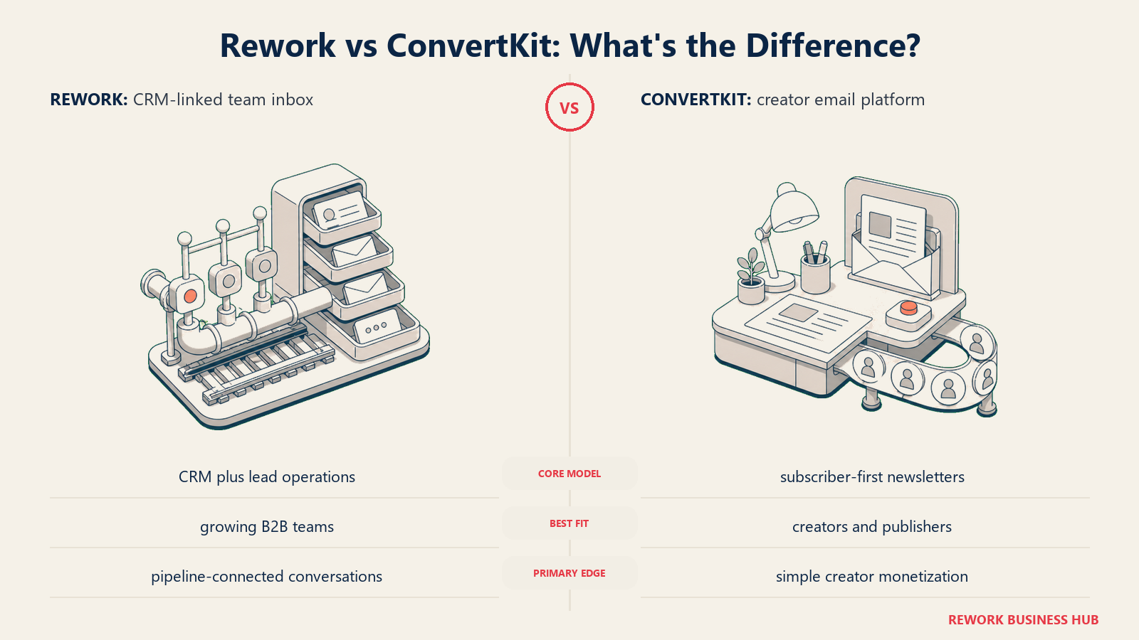 Rework versus ConvertKit shown with matched metaphors for their operating models