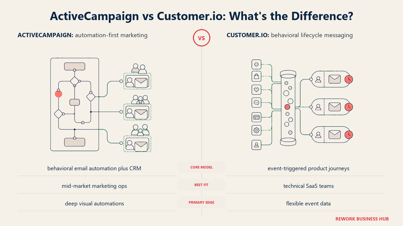 ActiveCampaign versus Customer.io shown with matched metaphors for their operating models