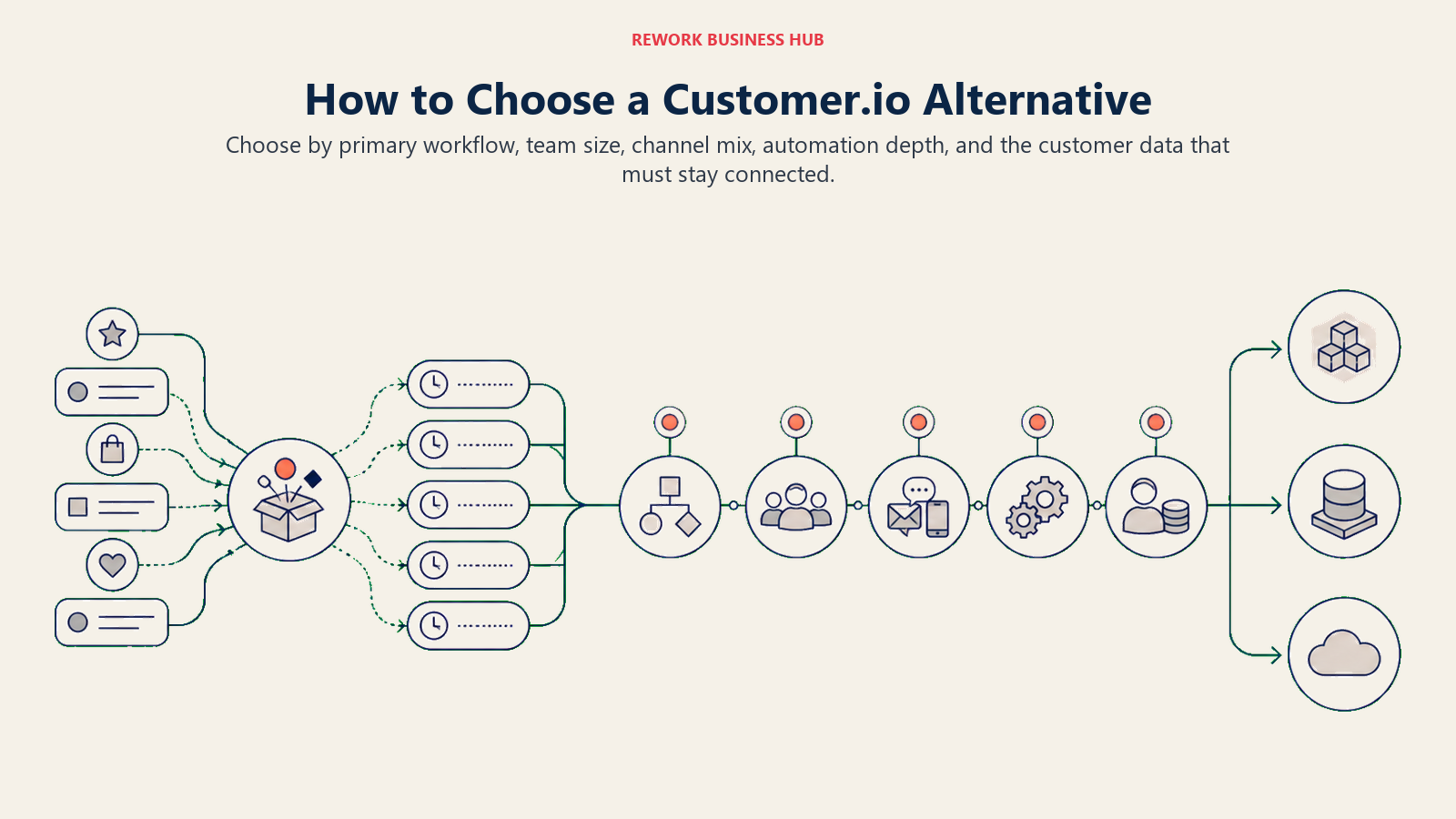 How to Choose a Customer.io Alternative illustrated as a buyer compass beginning beside a product event stream triggering timed message capsules, then five distinct route markers for workflow, team scale, channel mix, automation depth, and connected customer data, ending at three different platform destinations