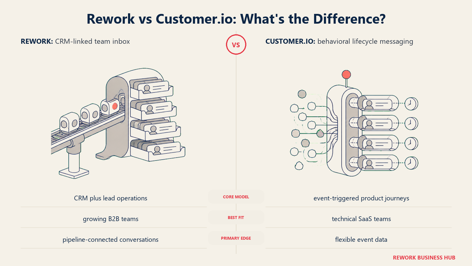 Rework versus Customer.io shown with matched metaphors for their operating models