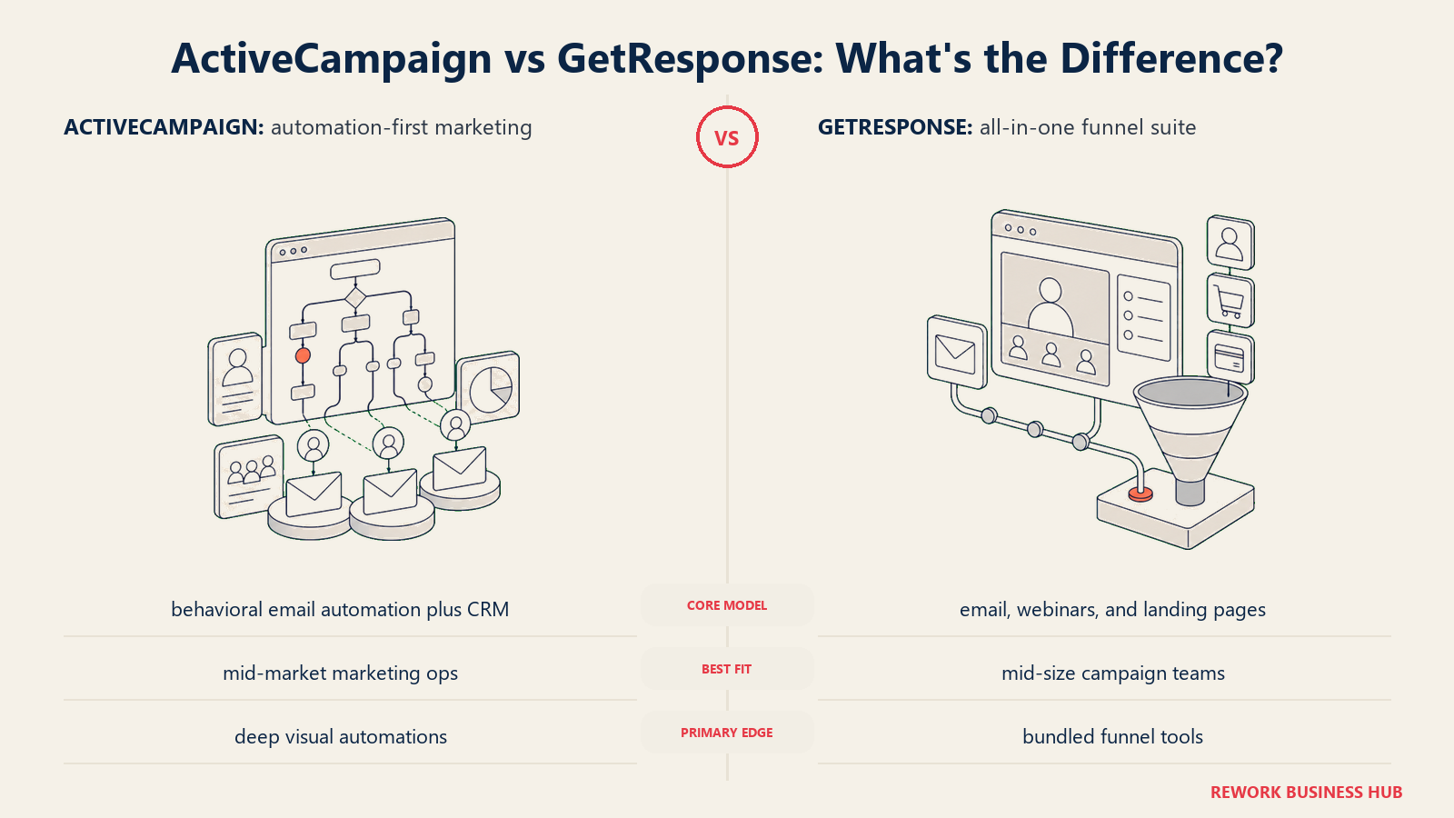 ActiveCampaign versus GetResponse shown with matched metaphors for their operating models