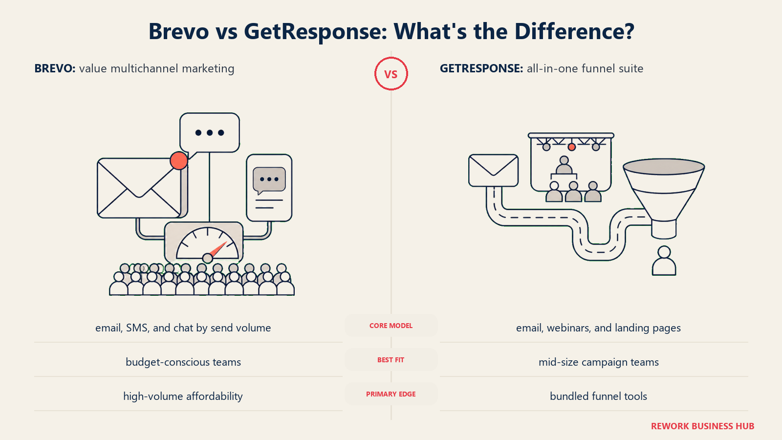Brevo versus GetResponse shown with matched metaphors for their operating models