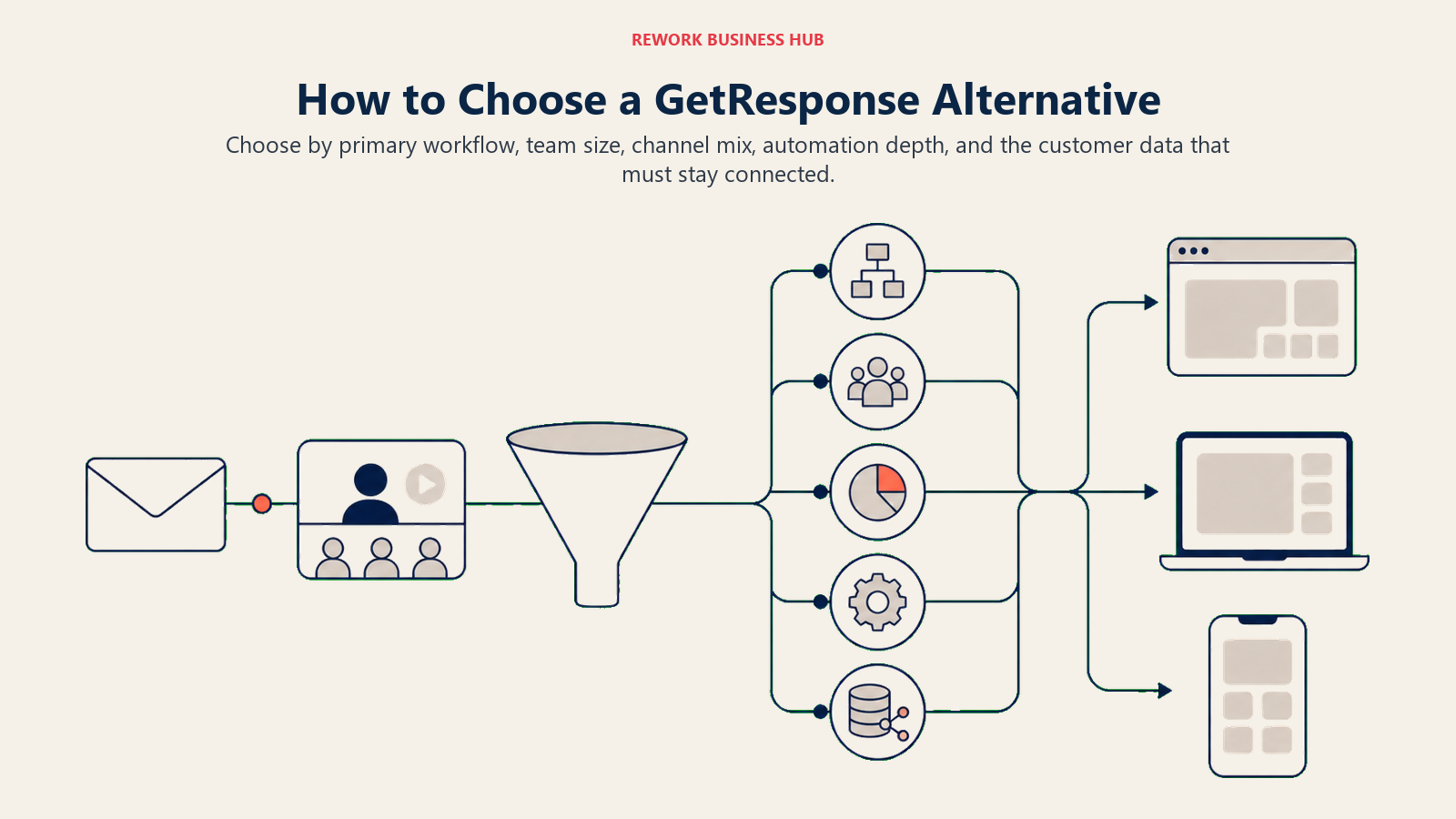 How to Choose a GetResponse Alternative illustrated as a buyer compass beginning beside an email path flowing through a webinar stage into a funnel, then five distinct route markers for workflow, team scale, channel mix, automation depth, and connected customer data, ending at three different platform destinations