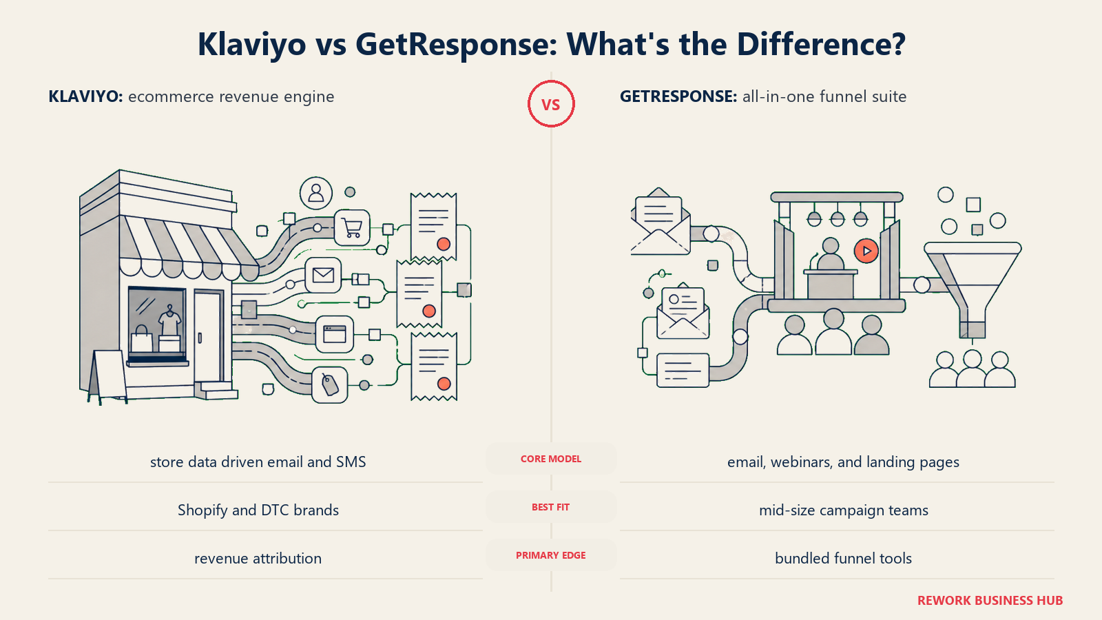 Klaviyo versus GetResponse shown with matched metaphors for their operating models