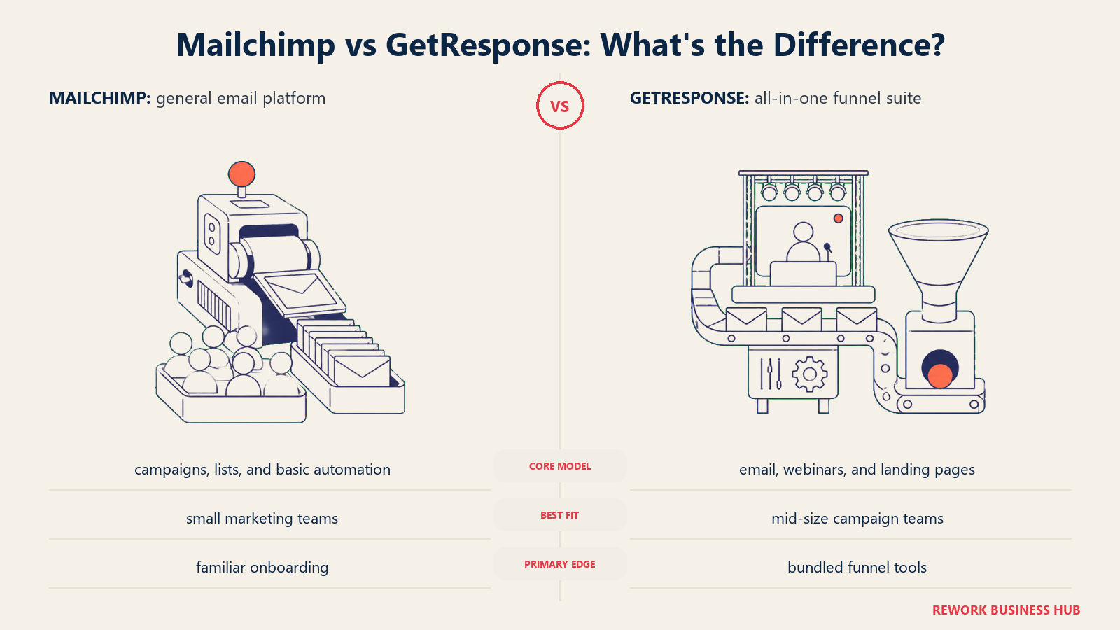 Mailchimp versus GetResponse shown with matched metaphors for their operating models