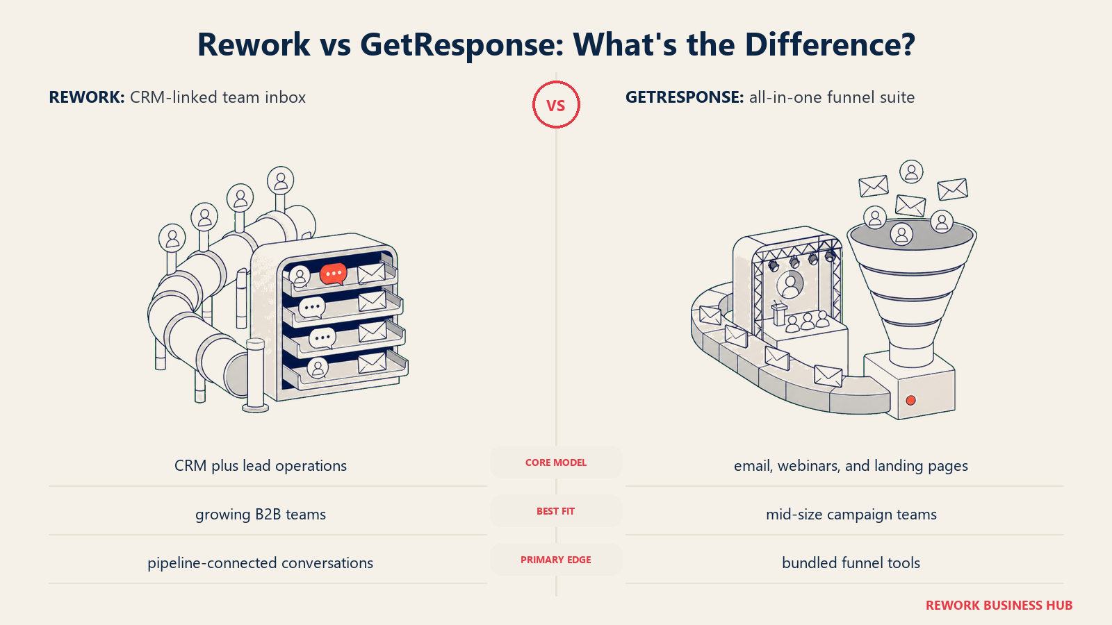 Rework versus GetResponse shown with matched metaphors for their operating models