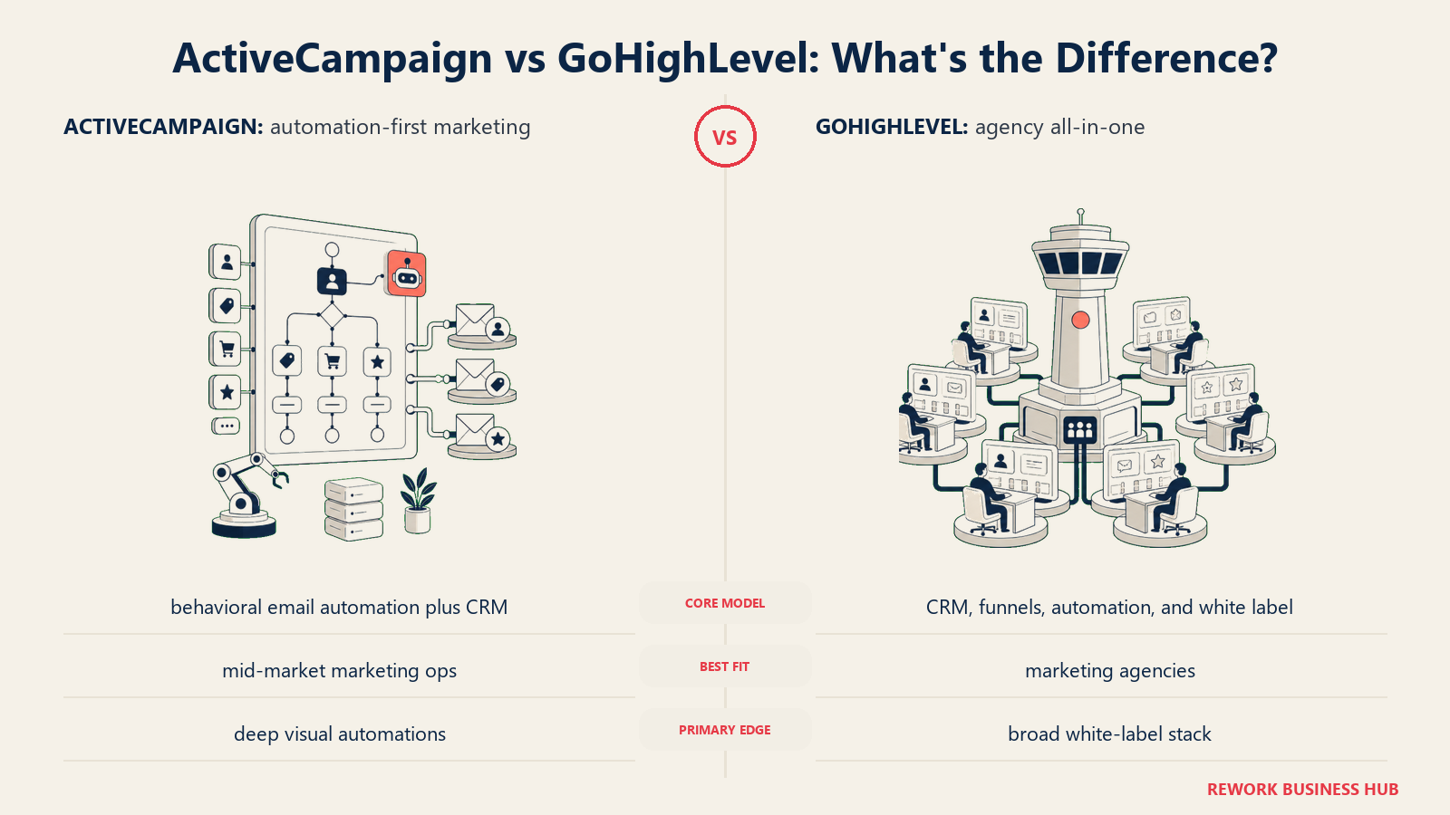 ActiveCampaign versus GoHighLevel shown with matched metaphors for their operating models