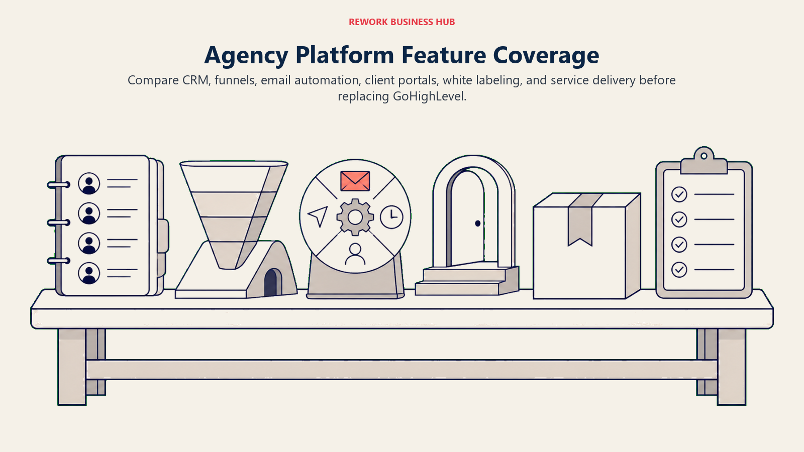 Agency Platform Feature Coverage illustrated as six distinct agency tools arranged on one wide workbench: contact ledger, funnel ramp, email automation wheel, client doorway, unbranded package, and service checklist