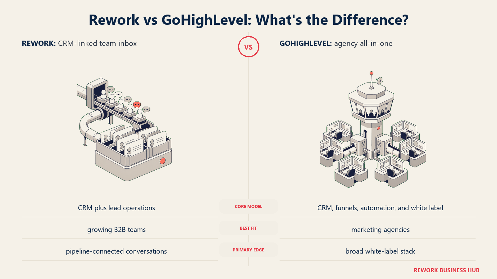 Rework versus GoHighLevel shown with matched metaphors for their operating models