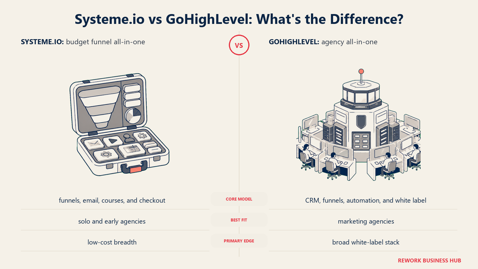 Systeme.io versus GoHighLevel shown with matched metaphors for their operating models