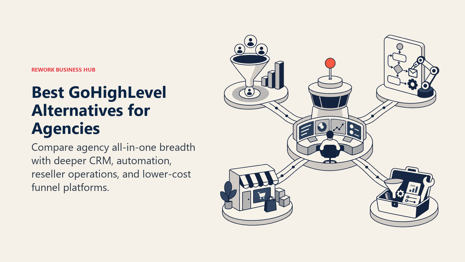 Best GoHighLevel Alternatives for Agencies illustrated as an agency control tower facing four specialized stations: CRM funnel, automation canvas, reseller storefront, and compact funnel toolkit