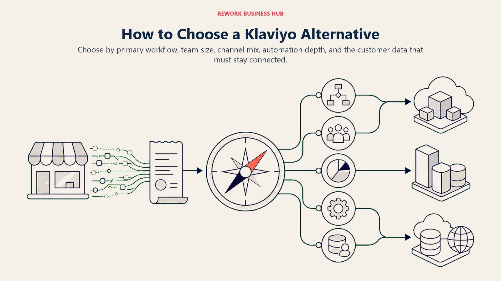 How to Choose a Klaviyo Alternative illustrated as a buyer compass beginning beside a storefront data stream turning into attributed revenue receipts, then five distinct route markers for workflow, team scale, channel mix, automation depth, and connected customer data, ending at three different platform destinations