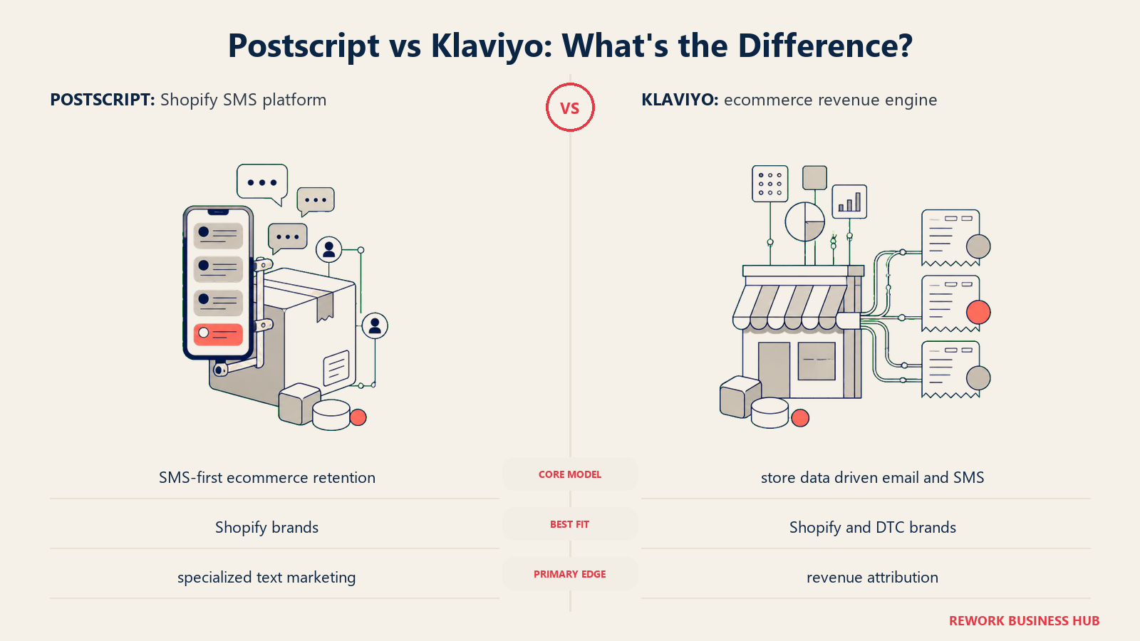 Postscript versus Klaviyo shown with matched metaphors for their operating models