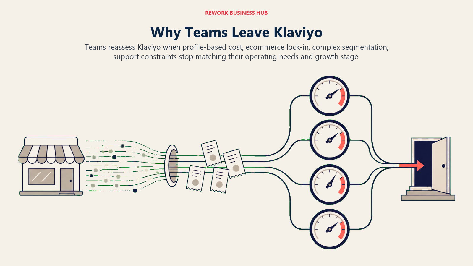 Why Teams Leave Klaviyo illustrated as a storefront data stream turning into attributed revenue receipts reaching four distinct pressure gauges for profile-based cost, ecommerce lock-in, complex segmentation, support constraints, with one clear exit path