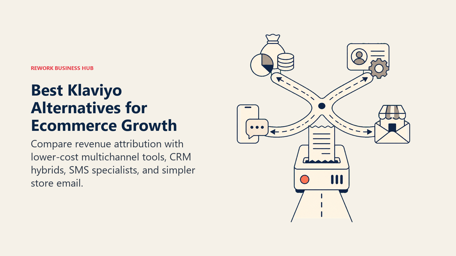 Best Klaviyo Alternatives for Ecommerce Growth illustrated as an ecommerce revenue receipt engine at a junction with budget channel bundle, CRM automation rail, mobile SMS lane, and simple store envelope