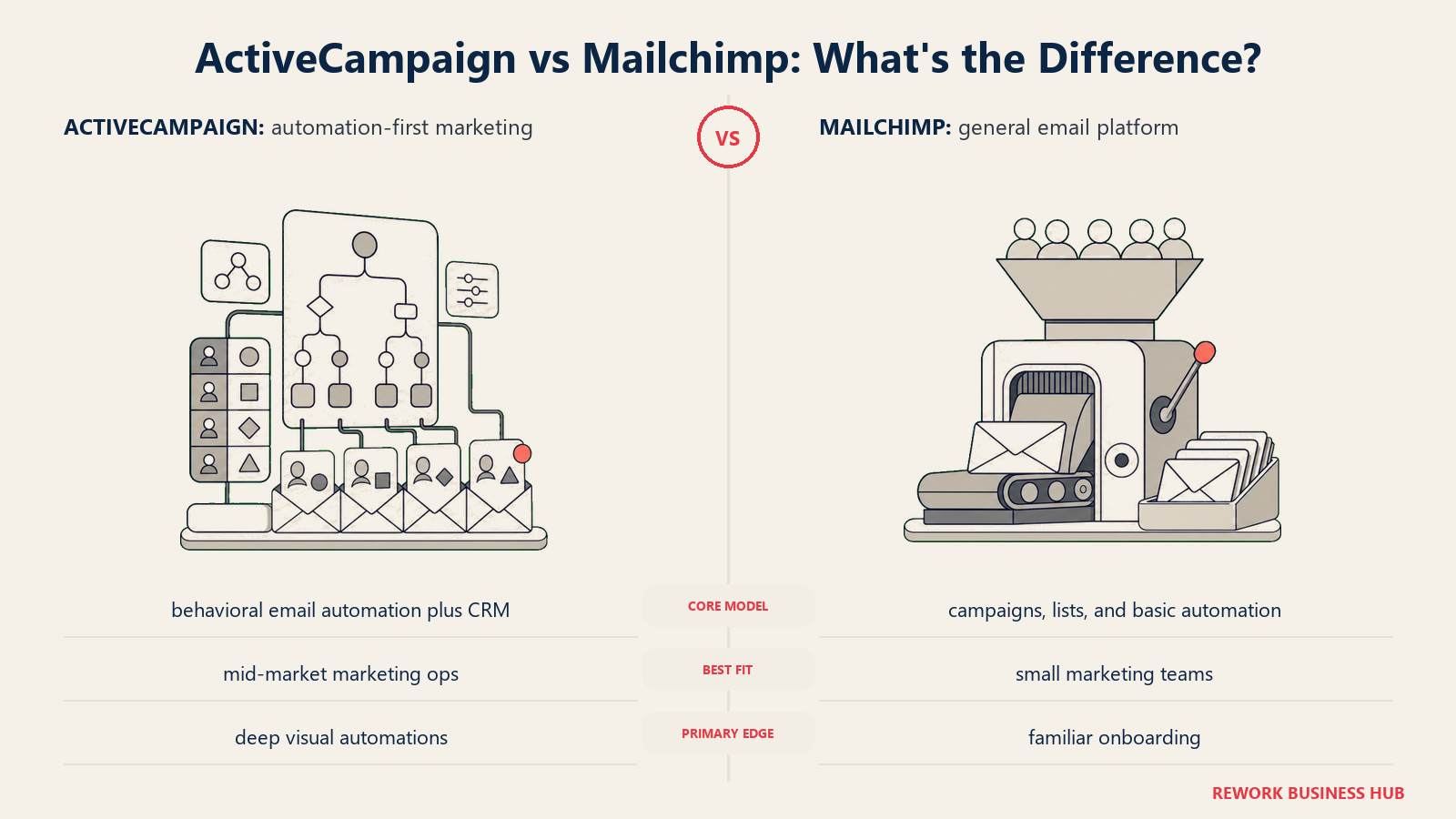 ActiveCampaign versus Mailchimp shown with matched metaphors for their operating models