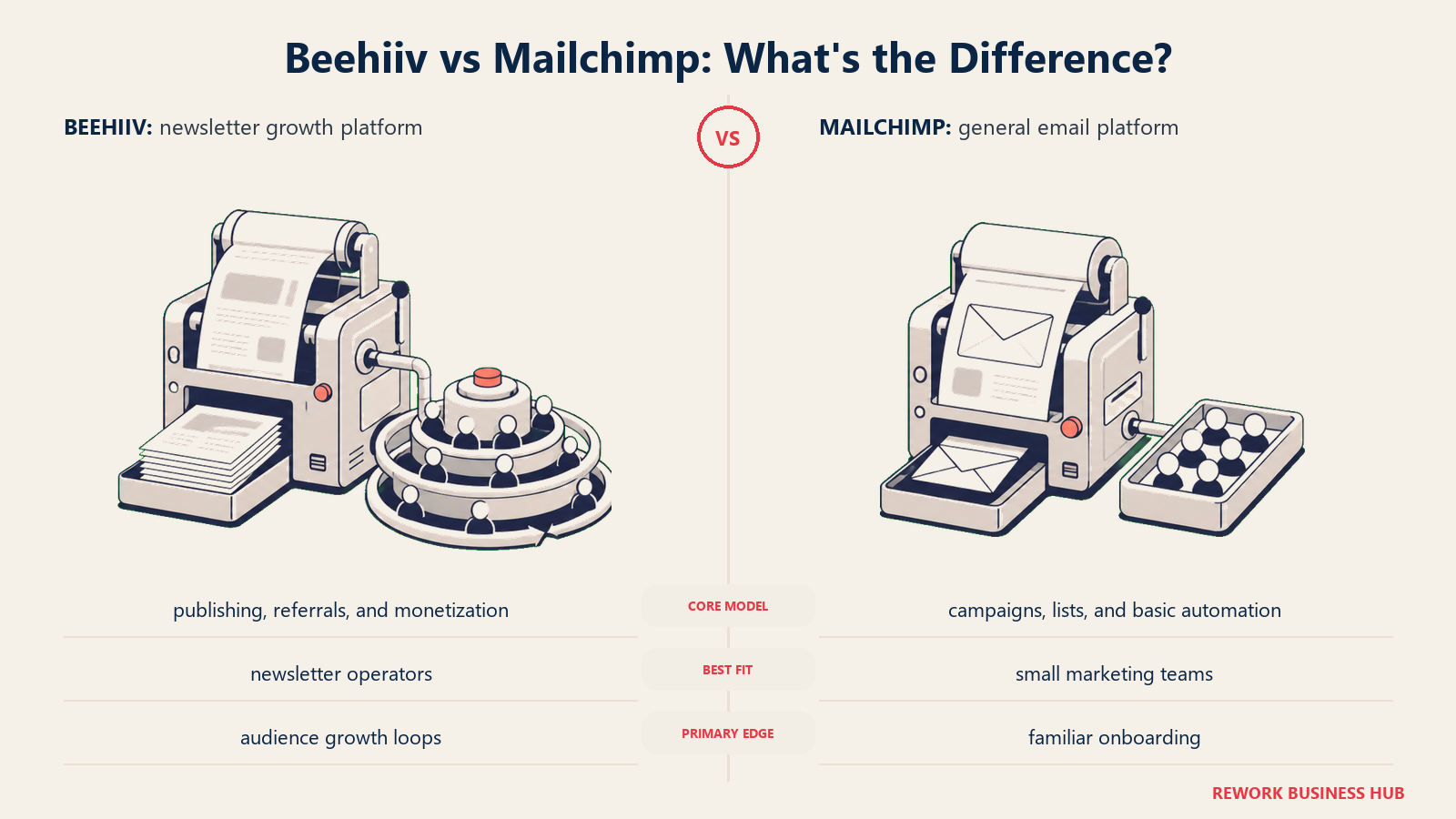 Beehiiv versus Mailchimp shown with matched metaphors for their operating models