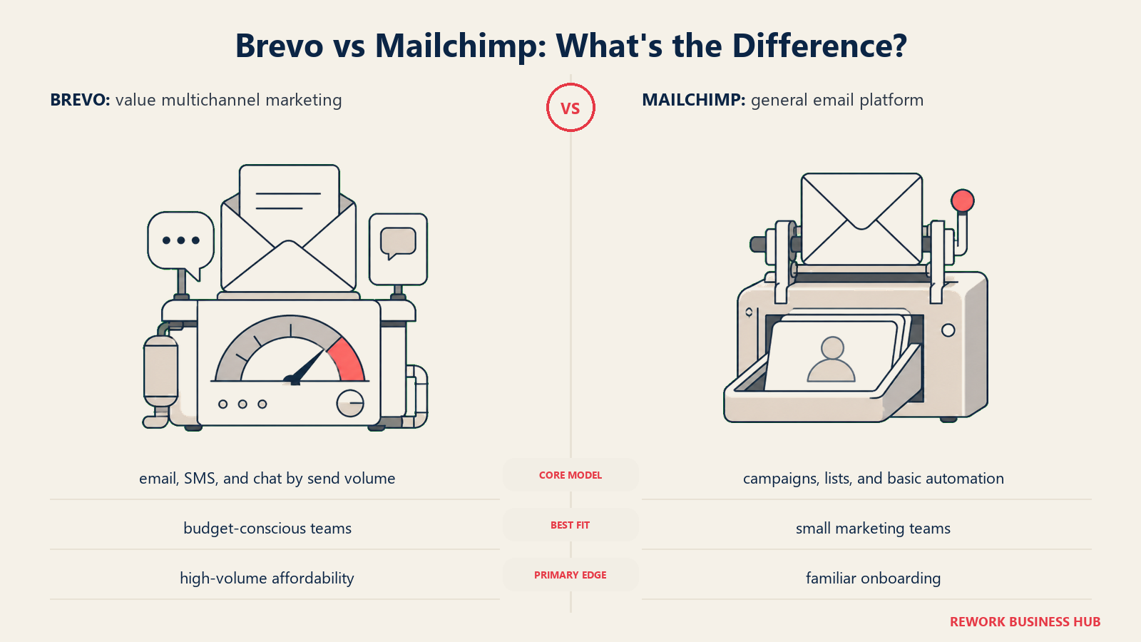 Brevo versus Mailchimp shown with matched metaphors for their operating models
