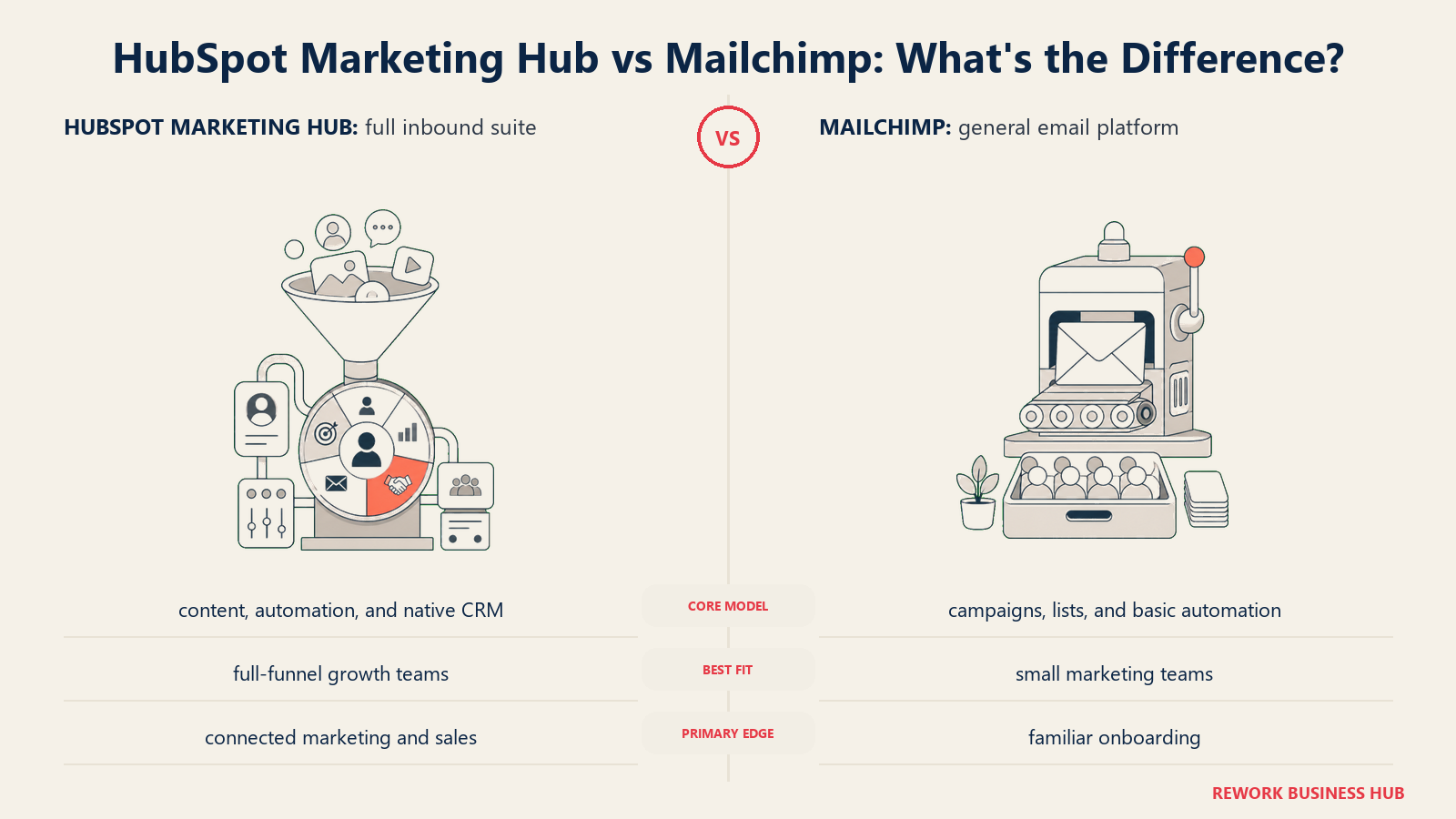 HubSpot Marketing Hub versus Mailchimp shown with matched metaphors for their operating models