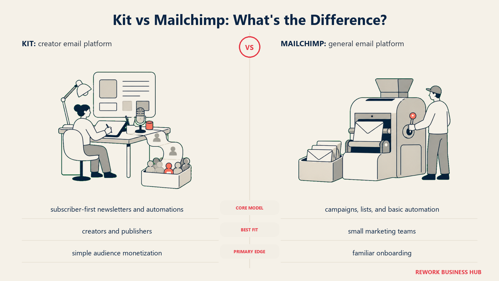 Kit versus Mailchimp shown with matched metaphors for their operating models