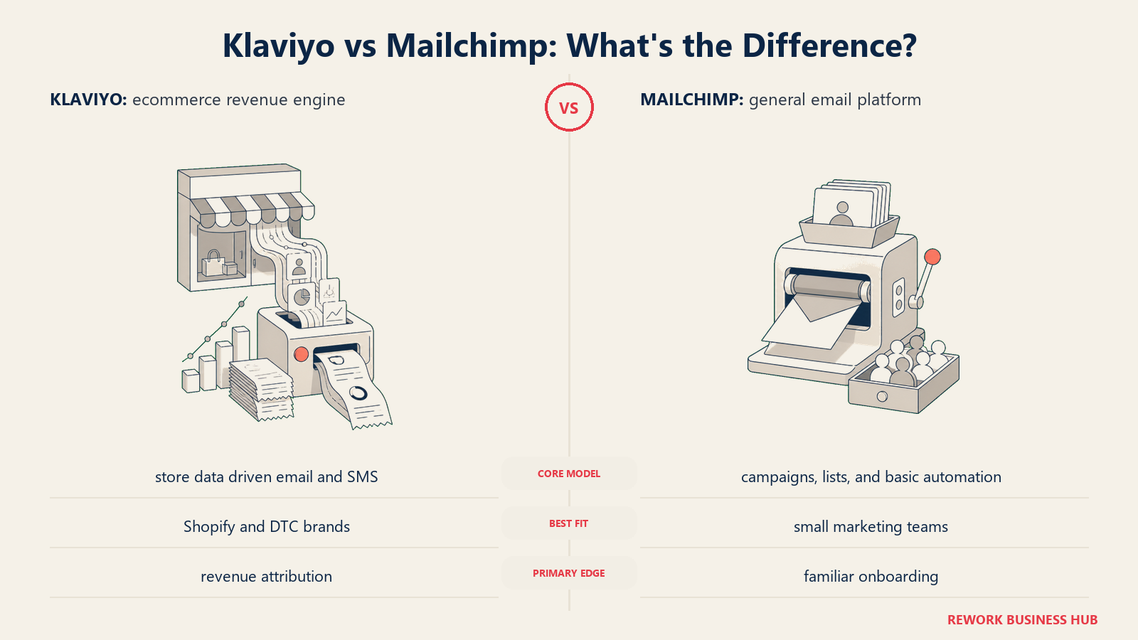 Klaviyo versus Mailchimp shown with matched metaphors for their operating models