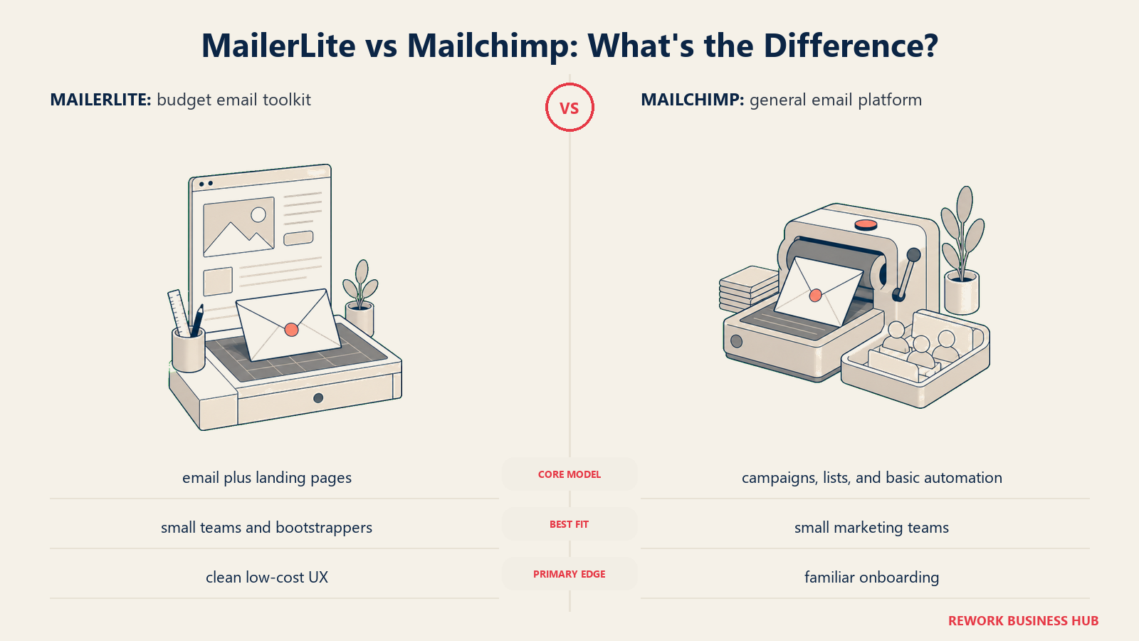 MailerLite versus Mailchimp shown with matched metaphors for their operating models