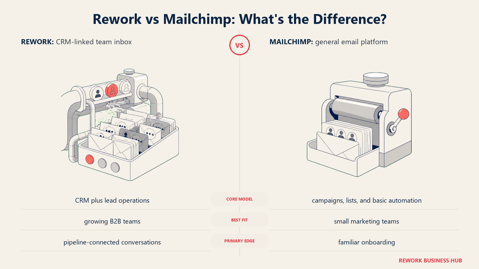 Rework versus Mailchimp shown with matched metaphors for their operating models