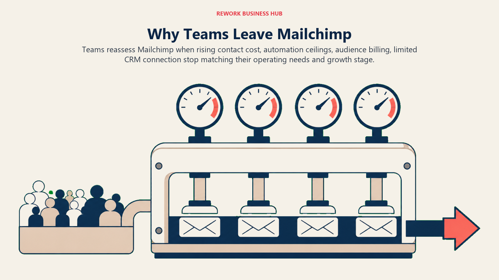 Why Teams Leave Mailchimp illustrated as a familiar campaign envelope press with a simple audience tray reaching four distinct pressure gauges for rising contact cost, automation ceilings, audience billing, limited CRM connection, with one clear exit path