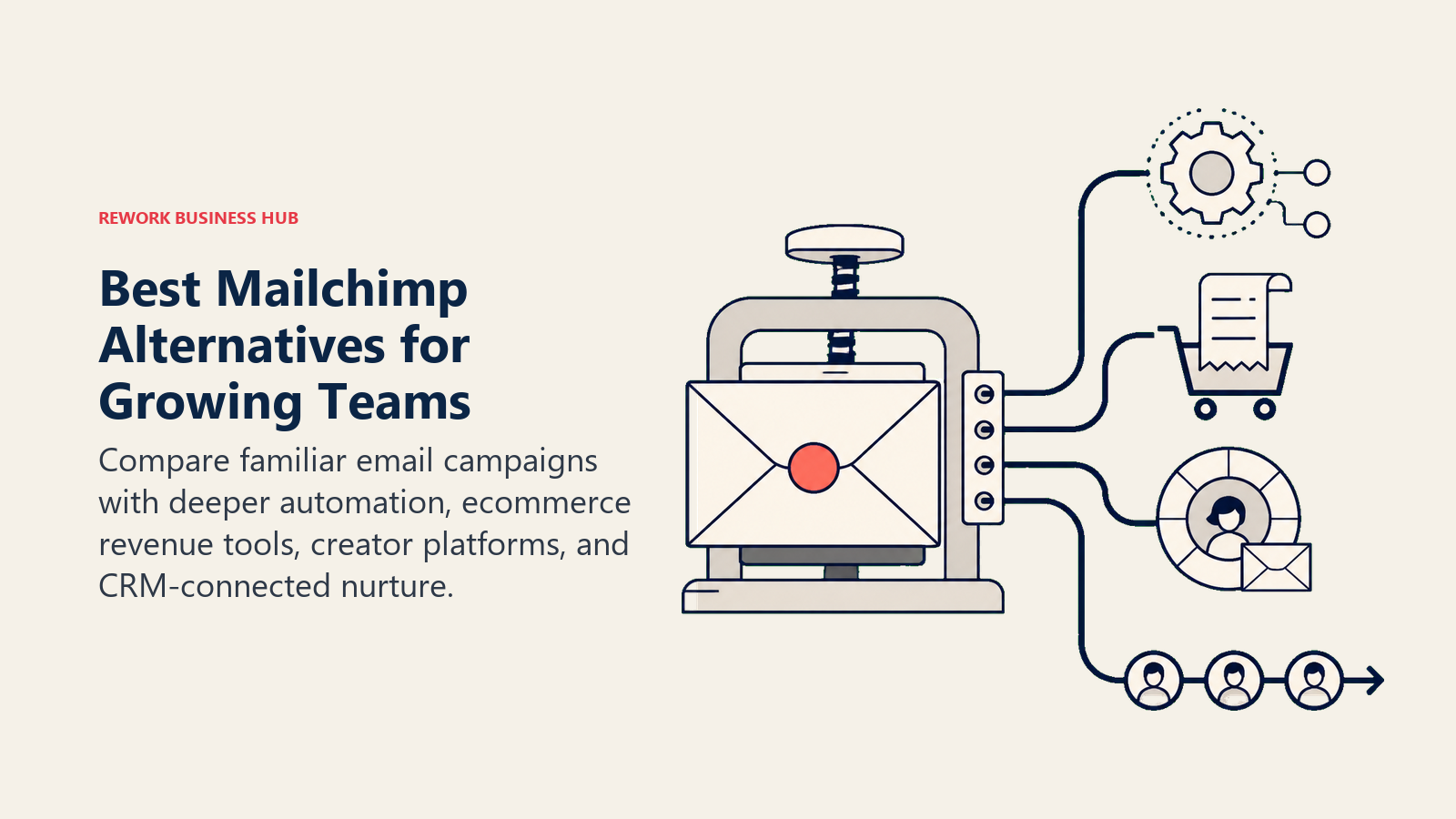 Best Mailchimp Alternatives for Growing Teams illustrated as a familiar campaign envelope press branching toward automation paths, ecommerce receipts, creator newsletter wheel, and CRM nurture rail